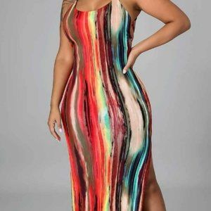 Multi-Color Body Con Spaghetti Strap Maxi Dress